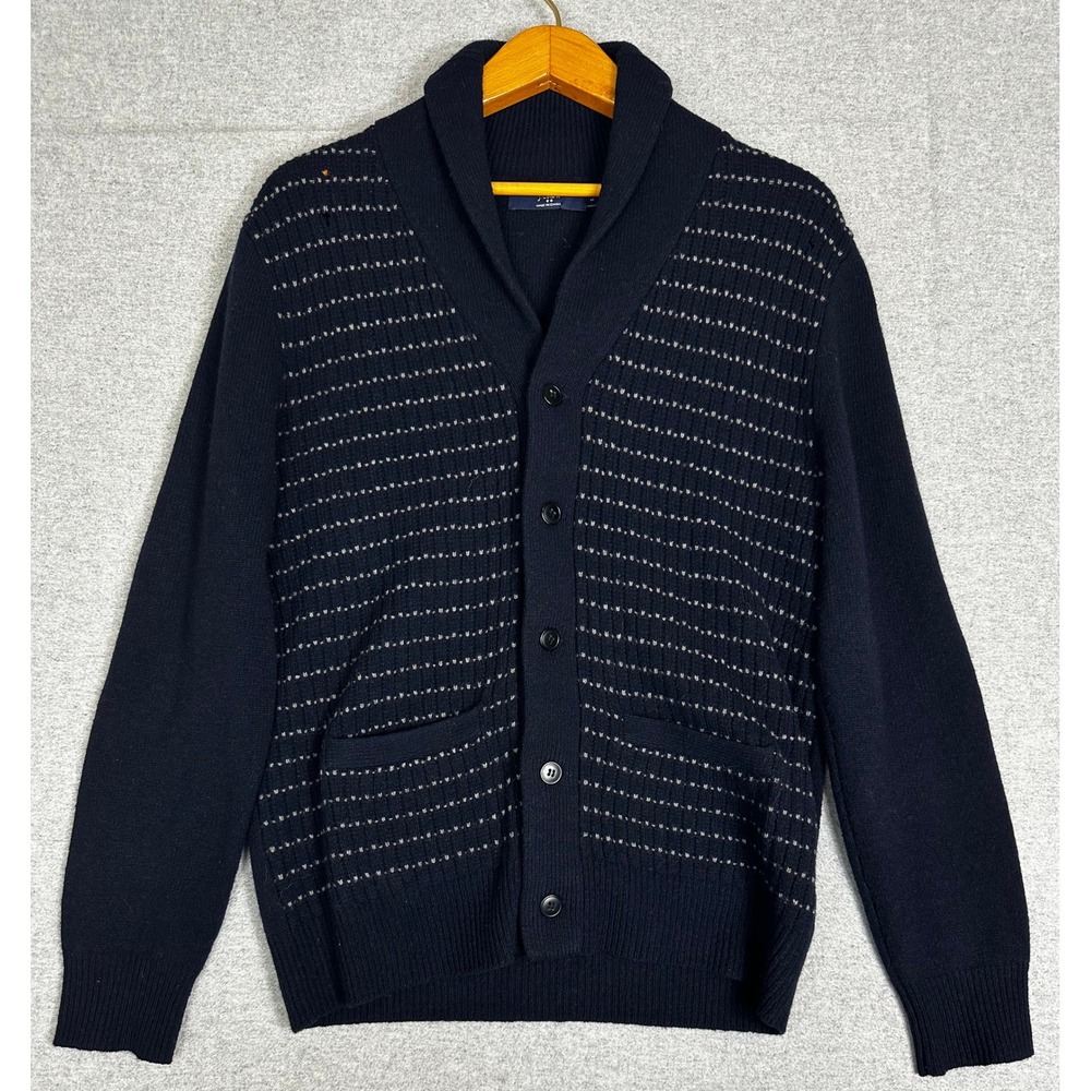 J.Crew Cardigan Sweater Small Navy Lambswool Shawl Collar Striped Knit Grunge